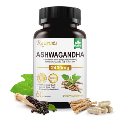 Royavita Ashwagandha 2400mg Organic with Black Pepper, B6 & B12 – 60 Capsules