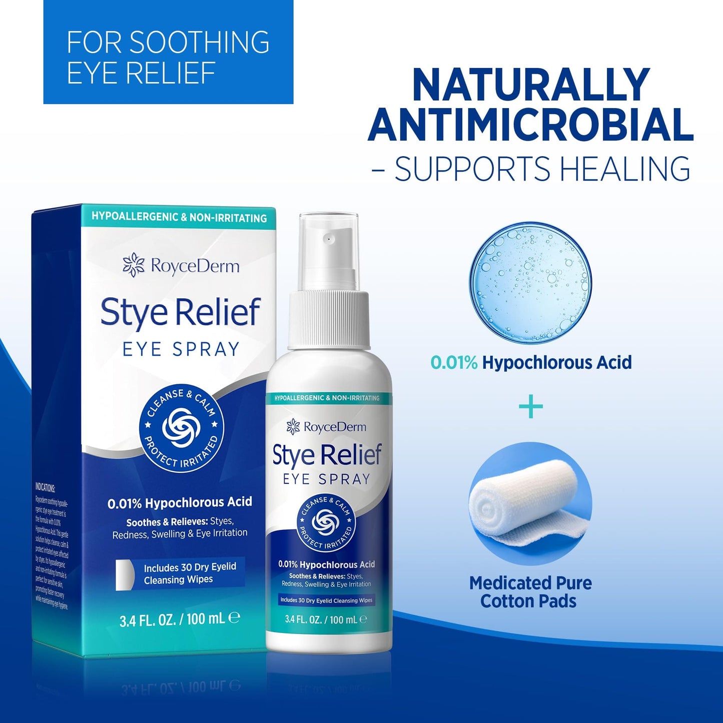 Roycederm Stye Eye Treatment Relief Spray – Hypochlorous Acid Mist for Dry Eyelids & Makeup Removal