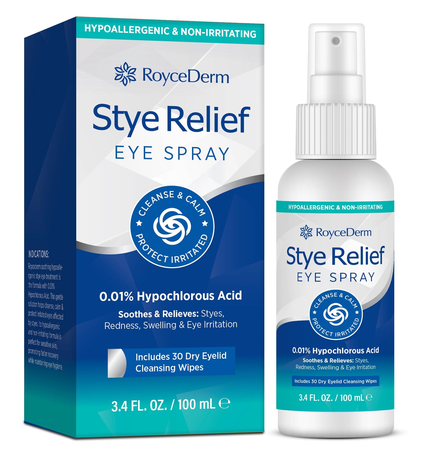 RoyceDerm Stye Eye Spray – Gentle HOCl Eyelid Cleaner with 30 Dry Wipes | No-Rinse Daily Eye Care (3.4 fl oz)