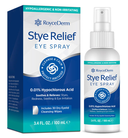 RoyceDerm Stye Eye Spray – Gentle HOCl Eyelid Cleaner with 30 Dry Wipes | No-Rinse Daily Eye Care (3.4 fl oz)