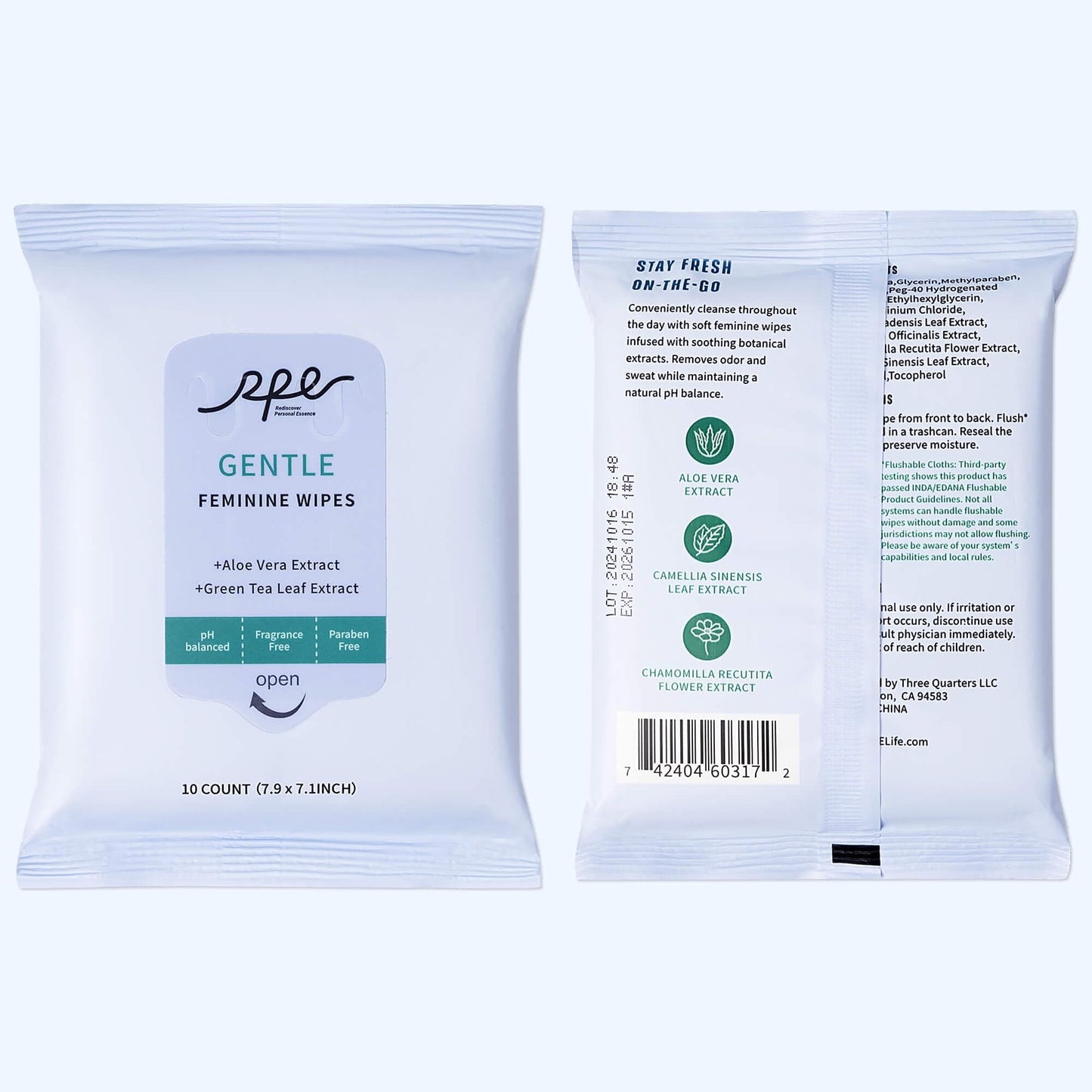 RPE Life Large Feminine Wipes – pH-Balanced, Fragrance-Free, Flushable (10ct x 20 Pack)