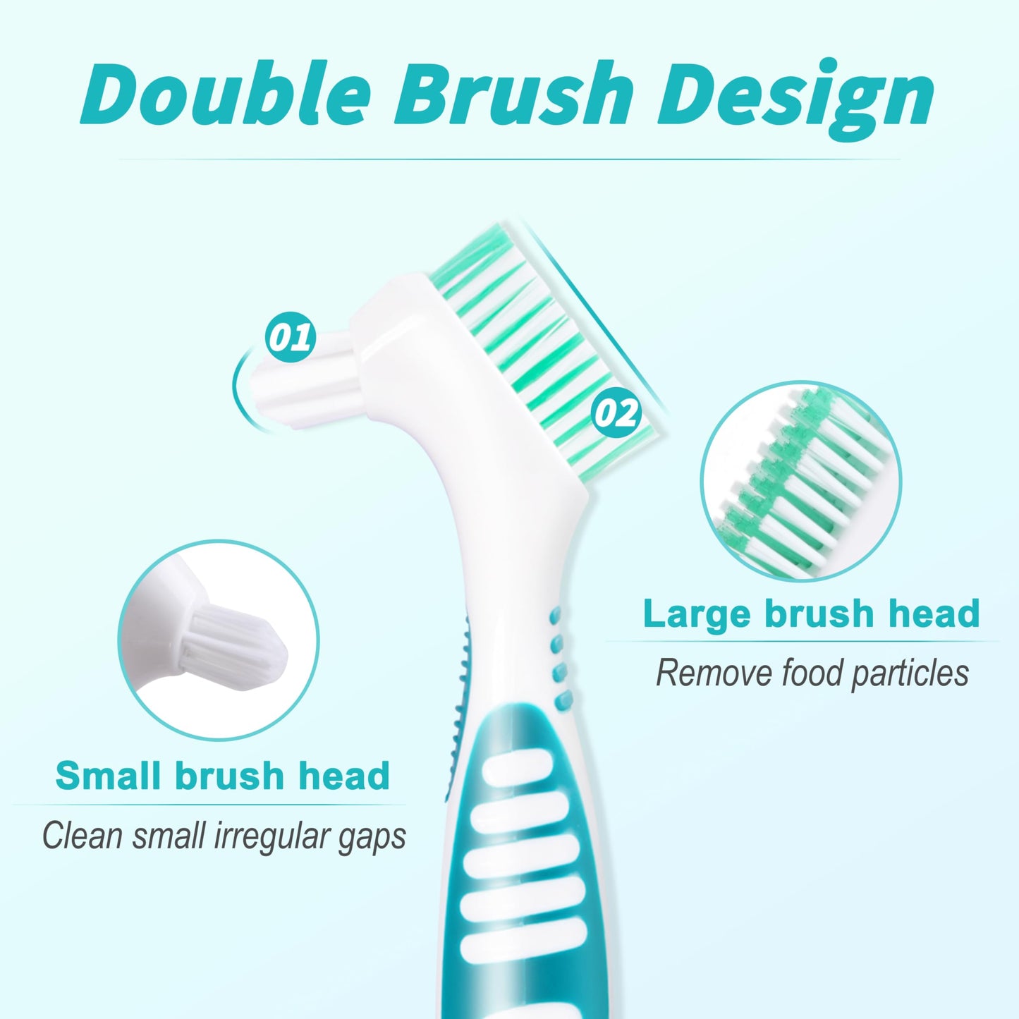 6 Pcs Denture Brush Set for False Teeth with White Carrying Case – Double-Sided Design, Multi-Layered Soft Bristles, Rubber Anti-Slip Handle, 4 Colors