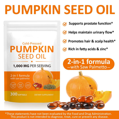 Ruduwu 300Pcs Pumpkin Seed Oil Capsules — 2-in-1 Saw Palmetto for Hair & Skin (Cold-Pressed, Non-GMO, Gluten Free)