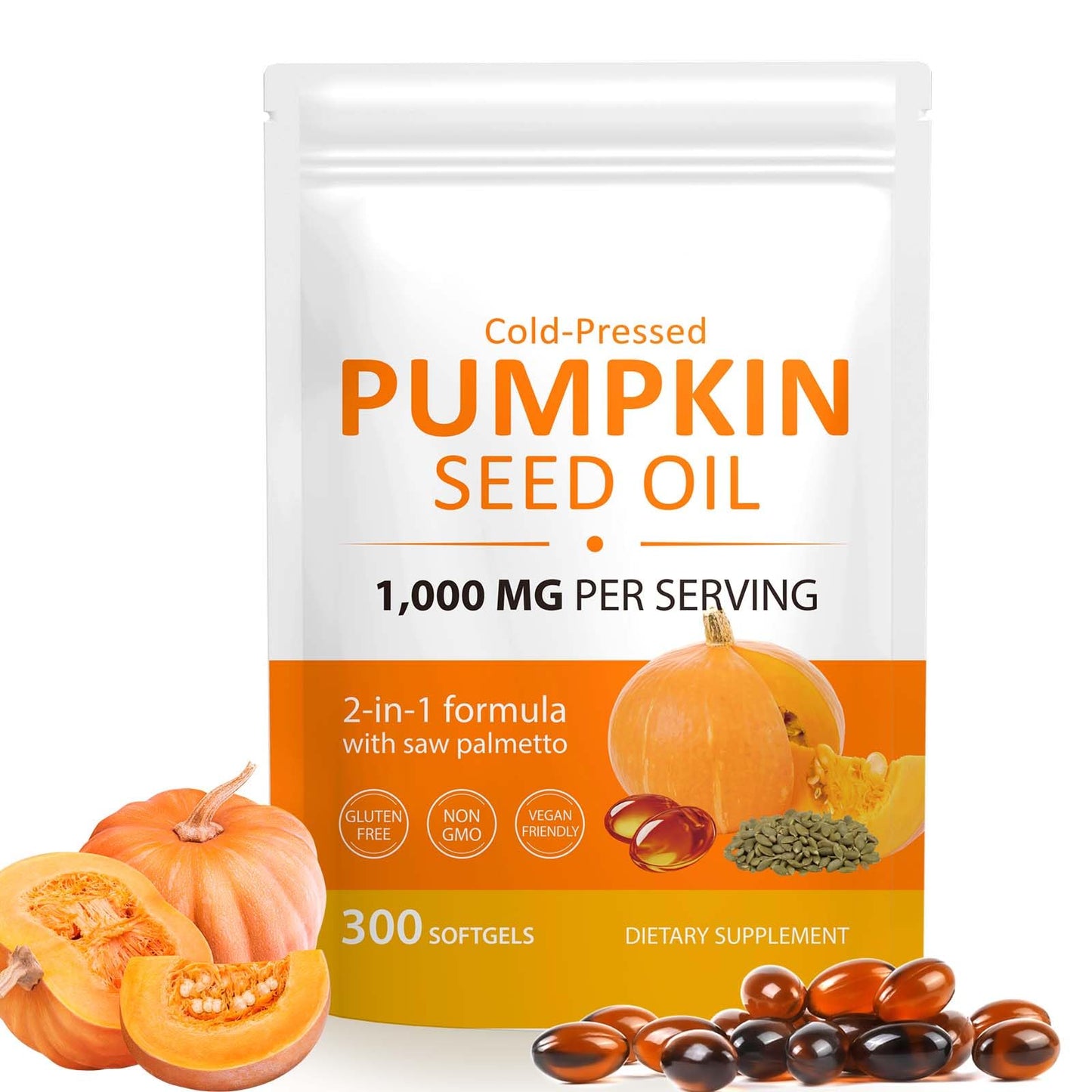 Ruduwu 300Pcs Pumpkin Seed Oil Capsules — 2-in-1 Saw Palmetto for Hair & Skin (Cold-Pressed, Non-GMO, Gluten Free)
