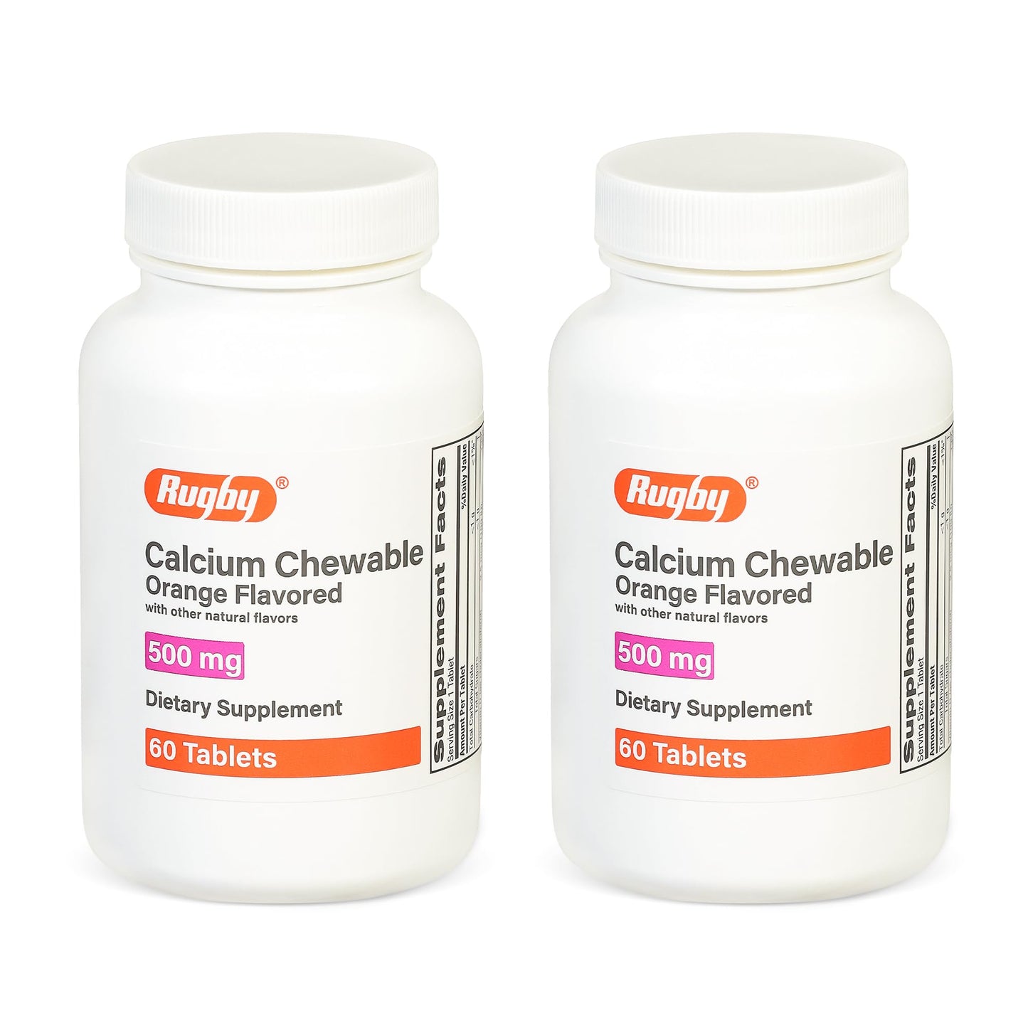 Rugby 500mg Calcium Chewable Tablets - Orange Flavor - 60 Count (2 Pack)