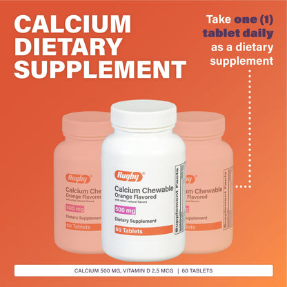 Rugby 500mg Calcium Chewable Tablets - Orange Flavor - 60 Count (2 Pack)