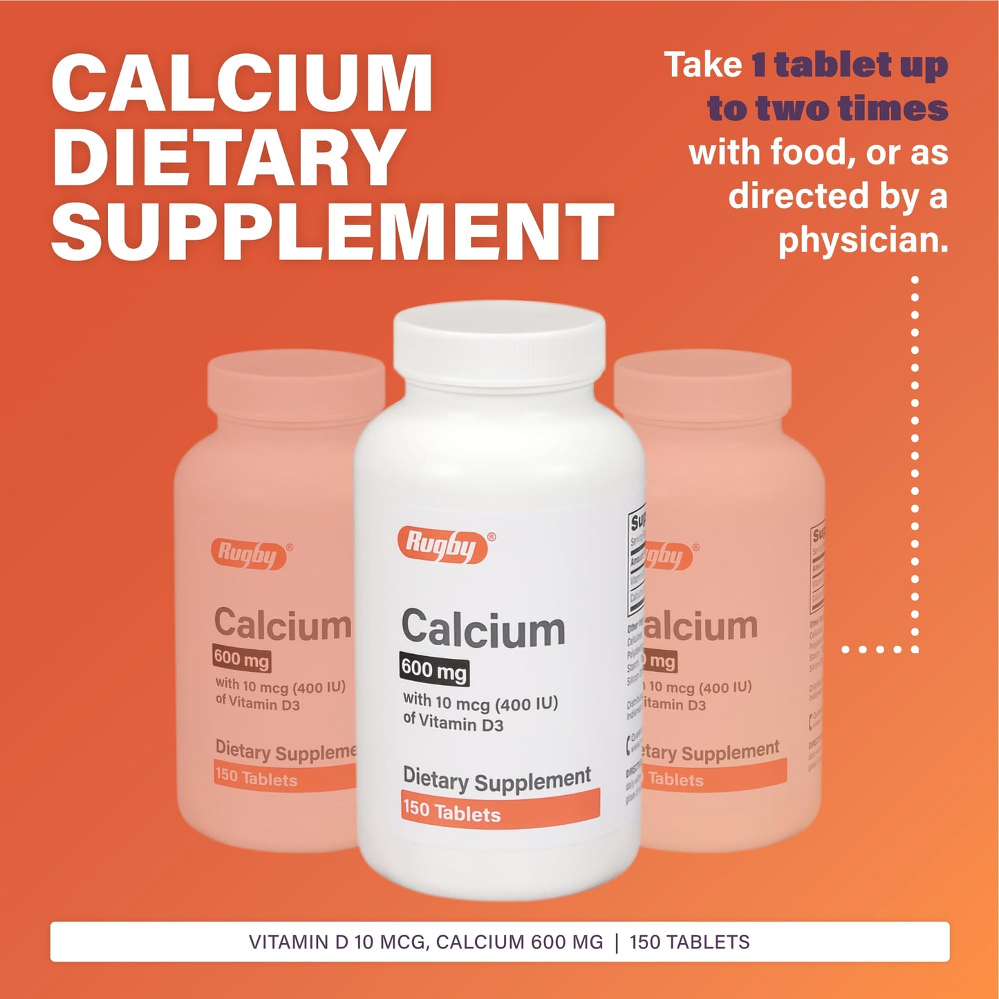 Rugby 600 mg Calcium Tablets with Vitamin D3 (400 IU) – 150 Tablets