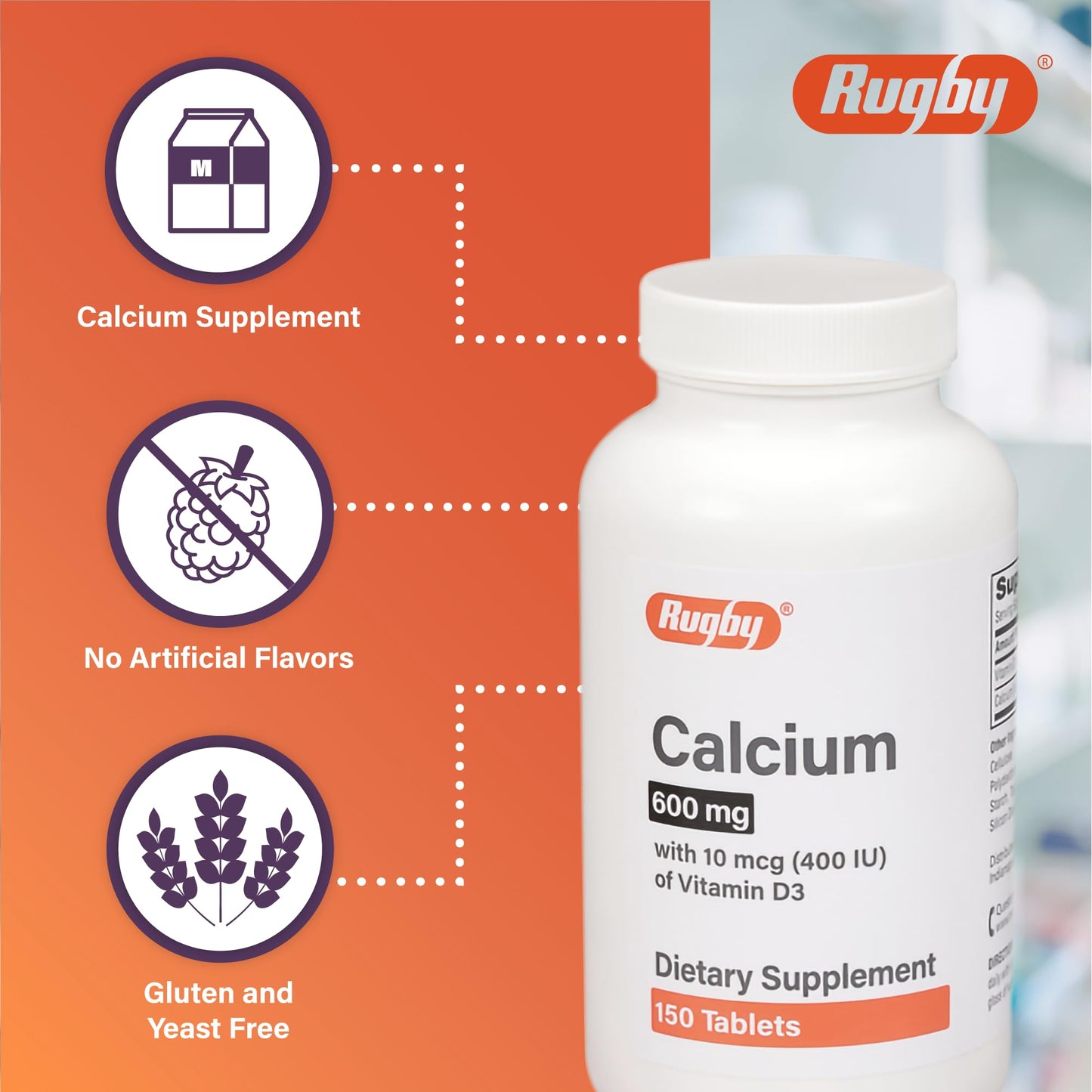 Rugby 600 mg Calcium Tablets with Vitamin D3 (400 IU) – 150 Tablets