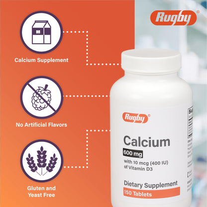 Rugby 600 mg Calcium Tablets with Vitamin D3 (400 IU) – 150 Tablets