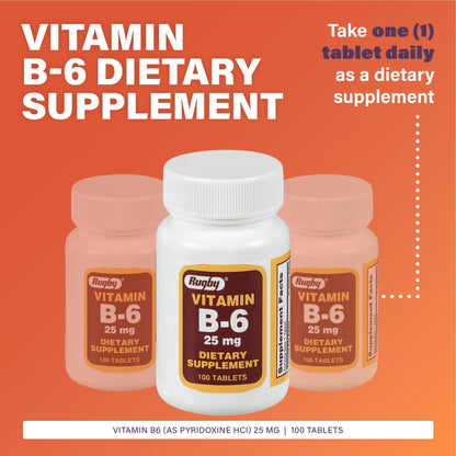 Rugby Vitamin B-6 Tablets 25mg – Dietary Supplement, 100 Count (1 Pack)