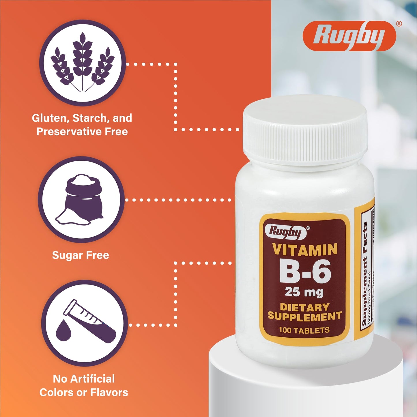 Rugby Vitamin B-6 Tablets 25mg – Dietary Supplement, 100 Count (1 Pack)