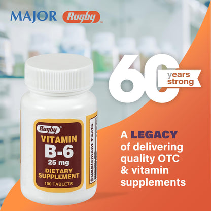 Rugby Vitamin B-6 Tablets 25mg – Dietary Supplement, 100 Count (1 Pack)