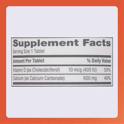 Rugby Calcium Tablets 600mg with Vitamin D3 10mcg (400IU) – 180 Count