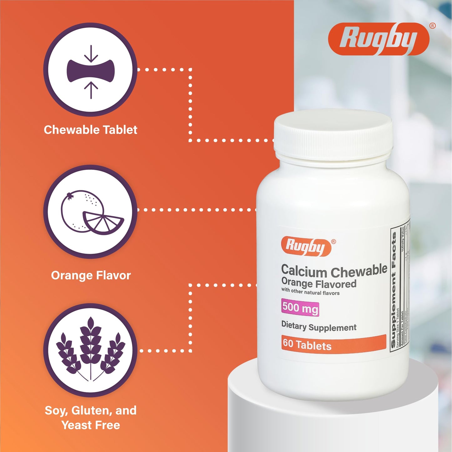 Rugby 500mg Calcium Chewable Tablets - Orange Flavor - 60 Count (1 Pack) | Dietary Supplement