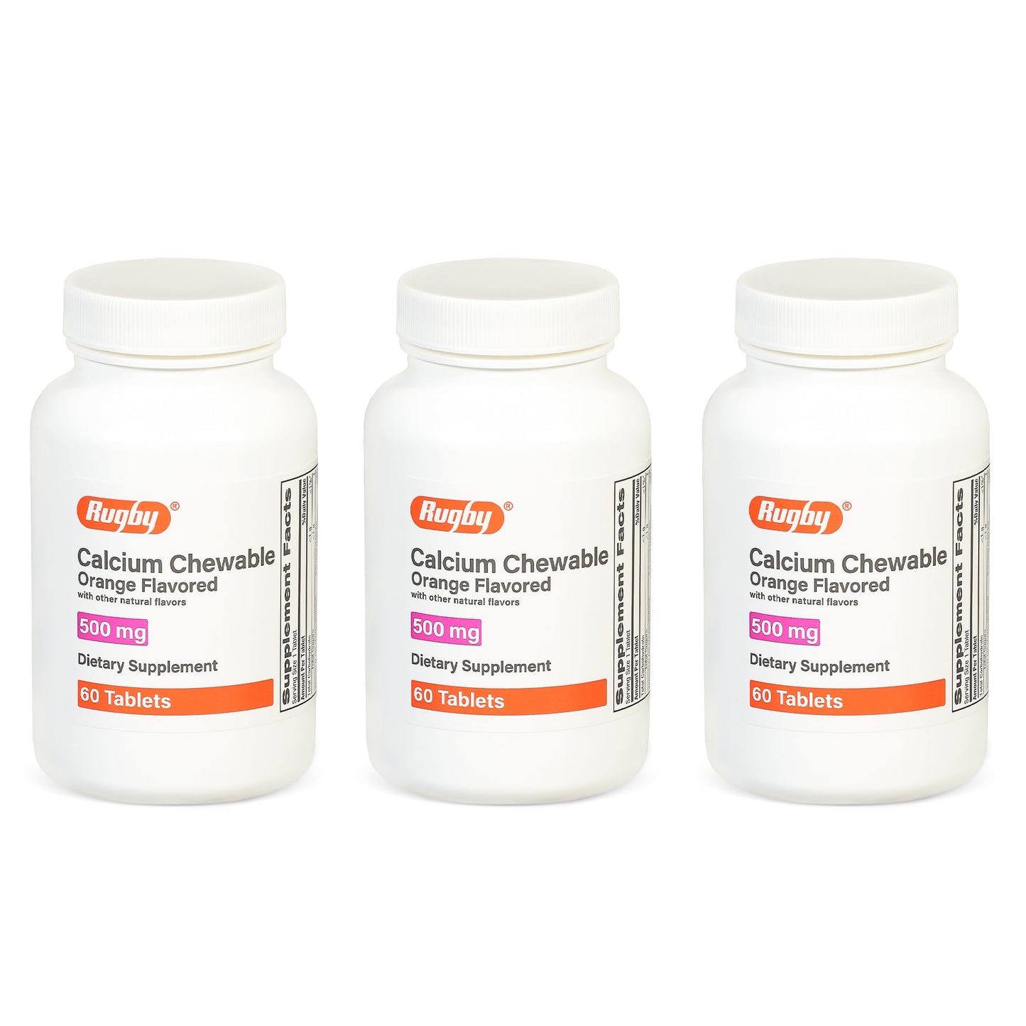Rugby 500mg Calcium Chewable Tablets – Orange Flavor, Vitamin D 100 IU, 60 Count (3 Pack)
