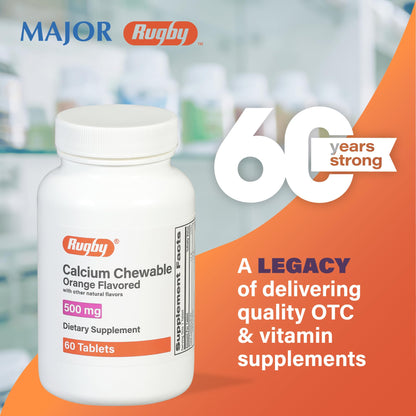 Rugby 500mg Calcium Chewable Tablets – Orange Flavor, Vitamin D 100 IU, 60 Count (3 Pack)