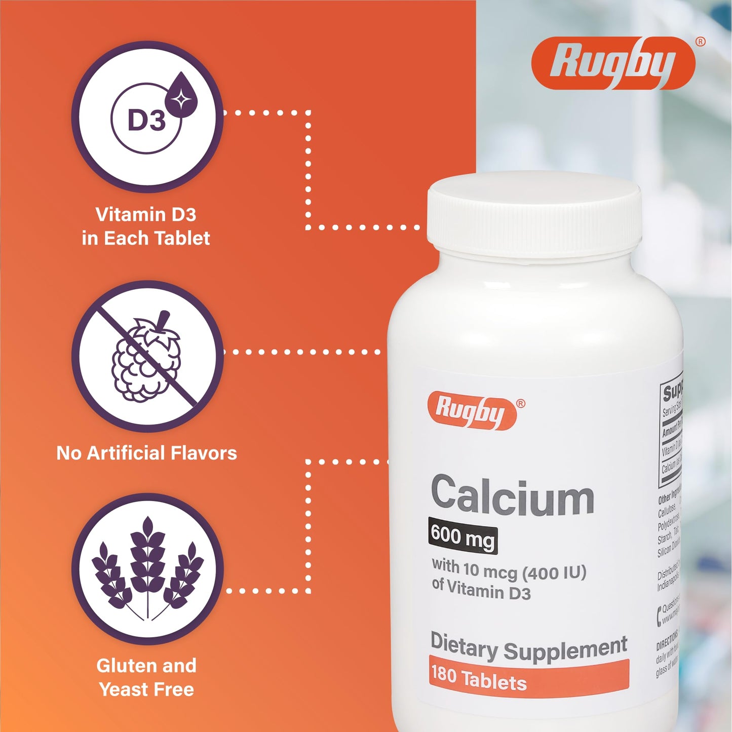 Rugby 600mg Calcium Tablets with 10mcg Vitamin D3 (400IU) – 180 Count, 2 Pack