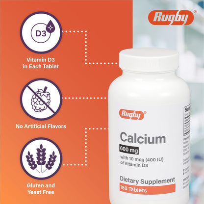 Rugby 600mg Calcium Tablets with 10mcg Vitamin D3 (400IU) – 180 Count, 2 Pack