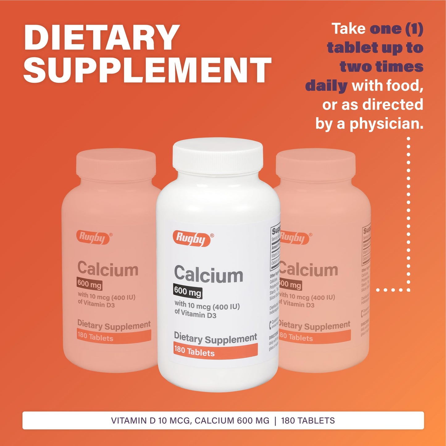 Rugby Calcium Tablets 600mg with Vitamin D3 10mcg (400IU) – 180 Count