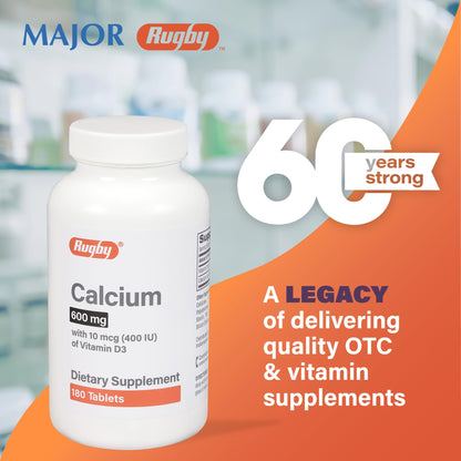 Rugby 600mg Calcium Tablets with 10mcg Vitamin D3 (400IU) – 180 Count, 2 Pack