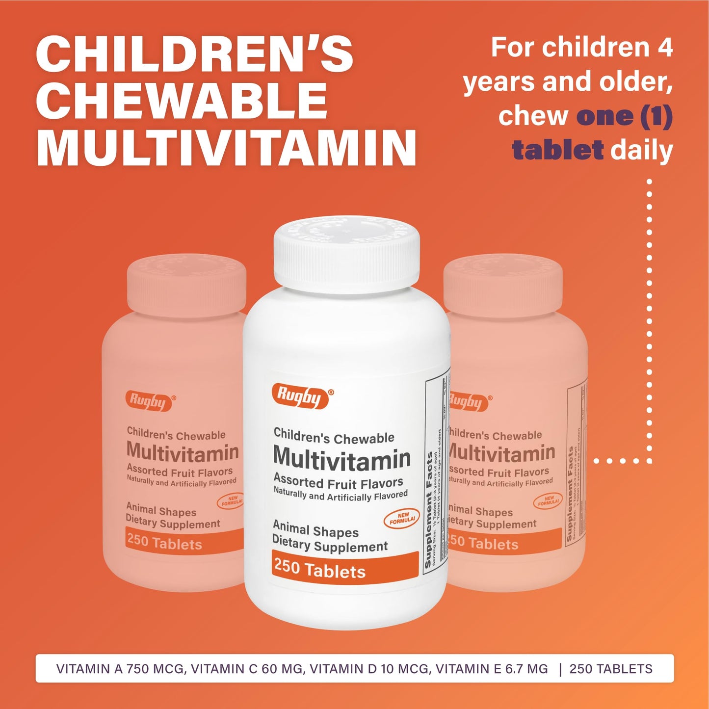 Rugby Children's Chewable Multivitamin Tablets – Kid's Dietary Supplement, 250 Count