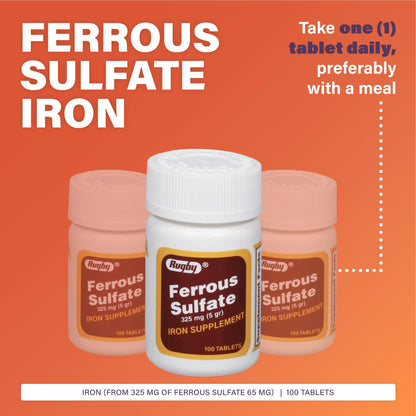 Rugby Ferrous Sulfate 325mg Tablets – Iron Supplement for Women & Men | 100 Count (1 Pack)