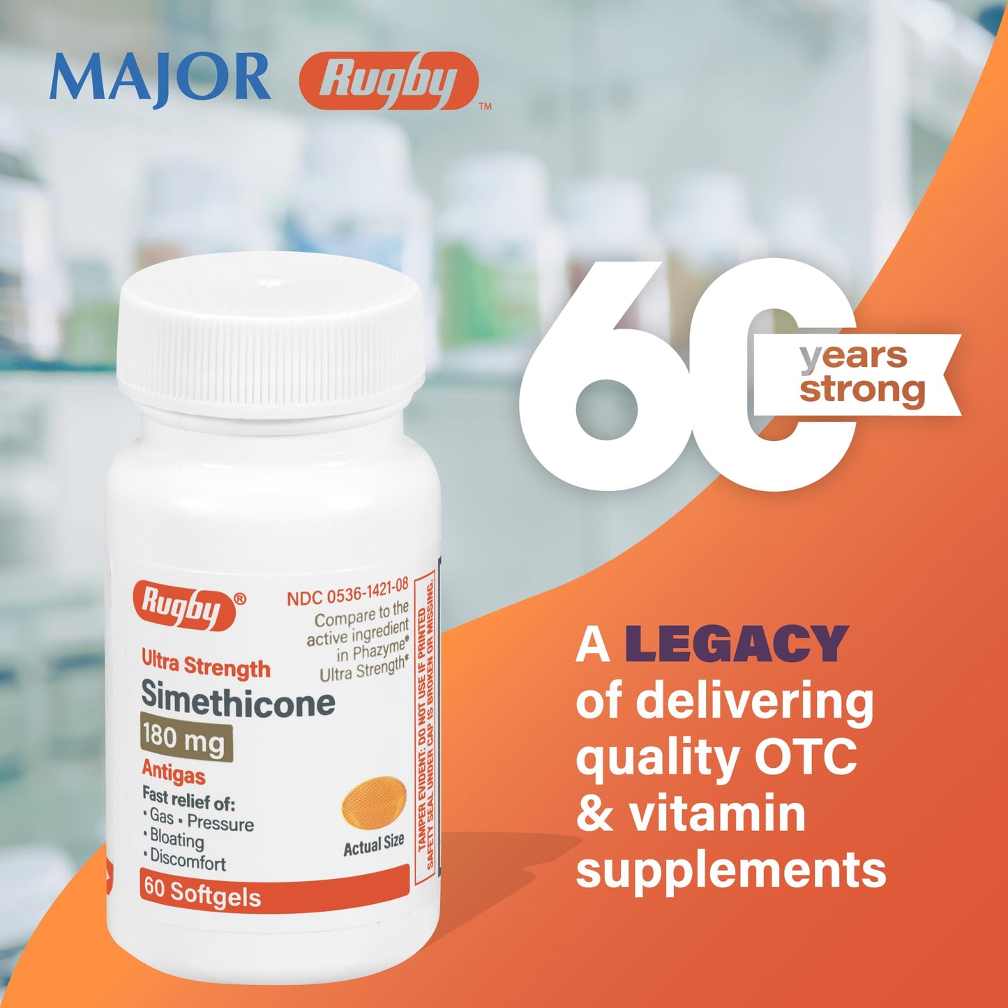 Rugby Ultra Strength Simethicone Gas Relief 180 mg - 60 Softgels (2 Pack) for Adults | Rugby Laboratories
