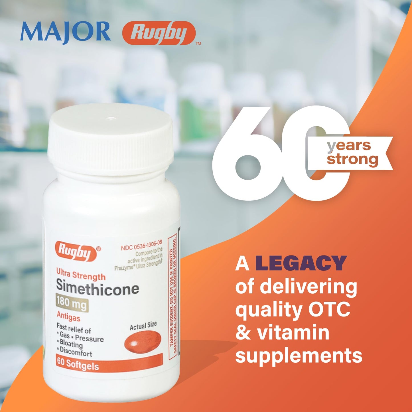 Rugby Ultra Strength Simethicone Gas Relief 180 mg – 60 Softgels (4 Pack) for Adults