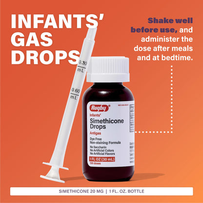 Rugby Dye-Free Infants Gas Drops - Simethicone 20 mg, 1 oz Bottle (4 Pack)