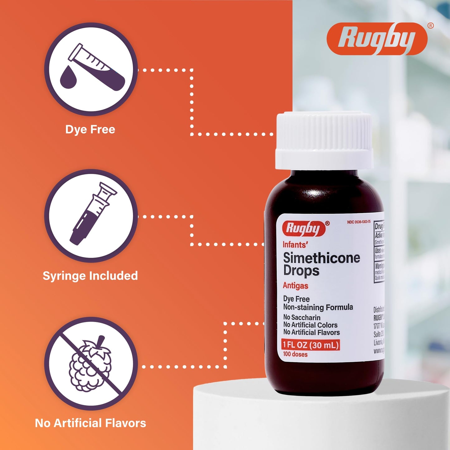 Rugby Dye-Free Infants Gas Drops - Simethicone 20 mg, 1 oz Bottle (4 Pack)