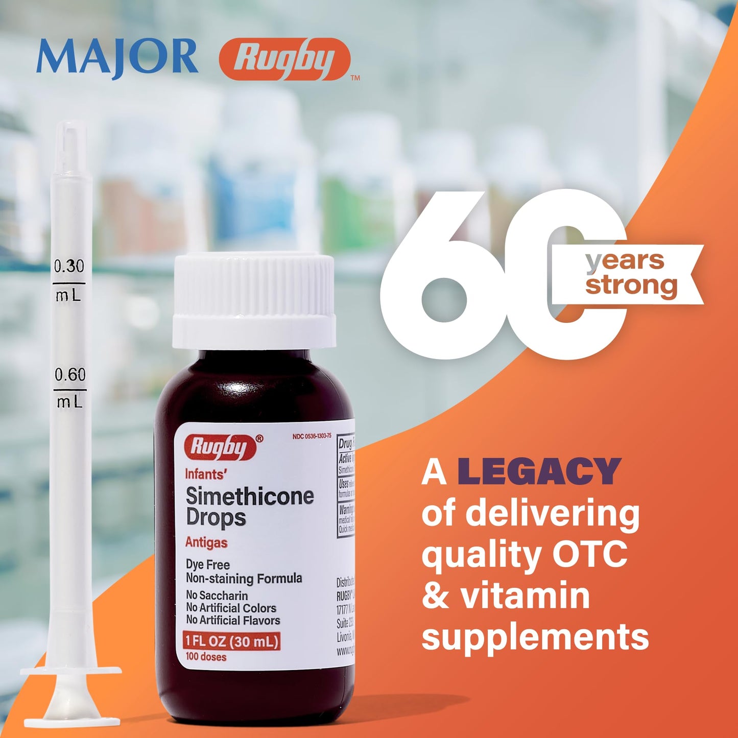 Rugby Dye-Free Infants' Gas Drops - Simethicone 20 mg | Safe Gas Relief for Babies & Kids - 1 oz