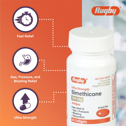 Rugby Ultra Strength Simethicone Gas Relief 180 mg – 60 Softgels (4 Pack) for Adults