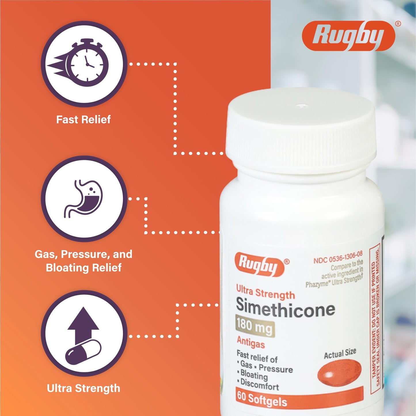 Rugby Ultra Strength Simethicone Gas Relief 180 mg - 60 Softgels (24 Pack) | Rugby Laboratories