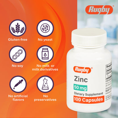 Rugby Zinc 50mg – Gluten-Free Immune Support Daily Dietary Supplement (100 Count)