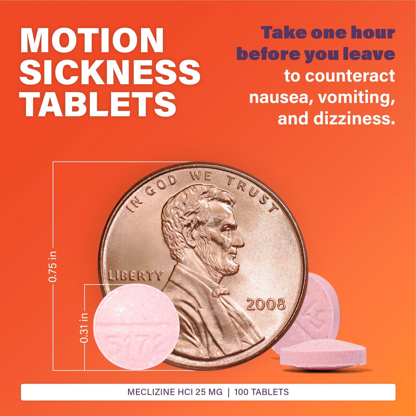 Rugby Meclizine 25mg Chewables – Motion Sickness Relief, 100 Count (3 Pack) | Rugby Laboratories