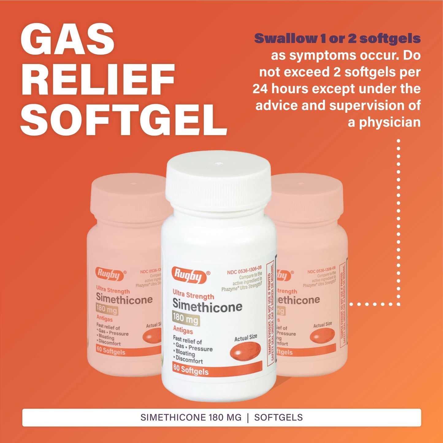 Rugby Ultra Strength Simethicone Gas Relief 180 mg - 60 Softgels (24 Pack) | Rugby Laboratories