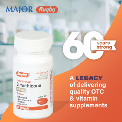 Rugby Ultra Strength Simethicone Gas Relief 180 mg – 60 Softgels (10-Pack) for Adults