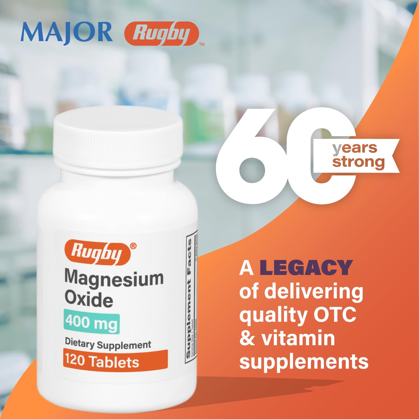 Rugby Magnesium Oxide 400 mg Tablets – Gluten-Free Dietary Supplement | 120 Count (3 Pack)
