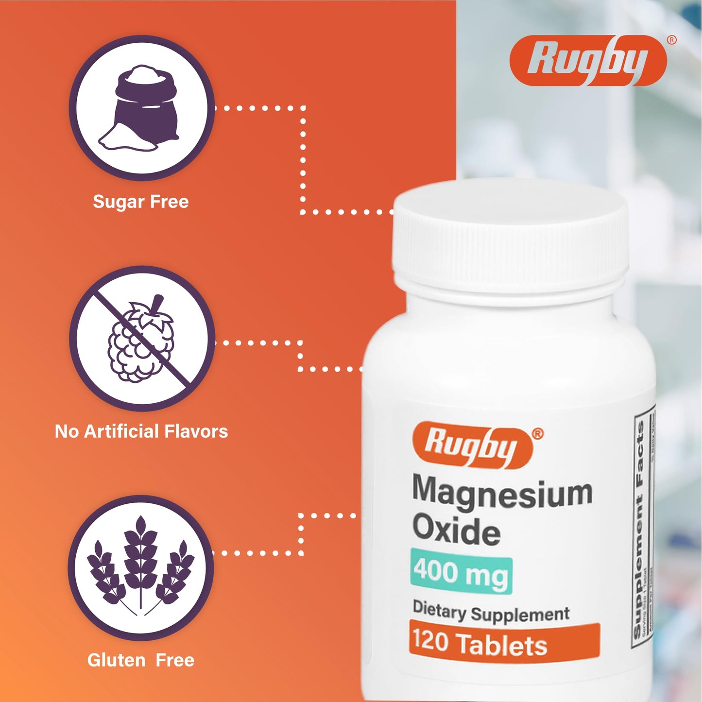 Rugby Magnesium Oxide 400 mg Tablets – Gluten-Free Dietary Supplement | 120 Count (3 Pack)