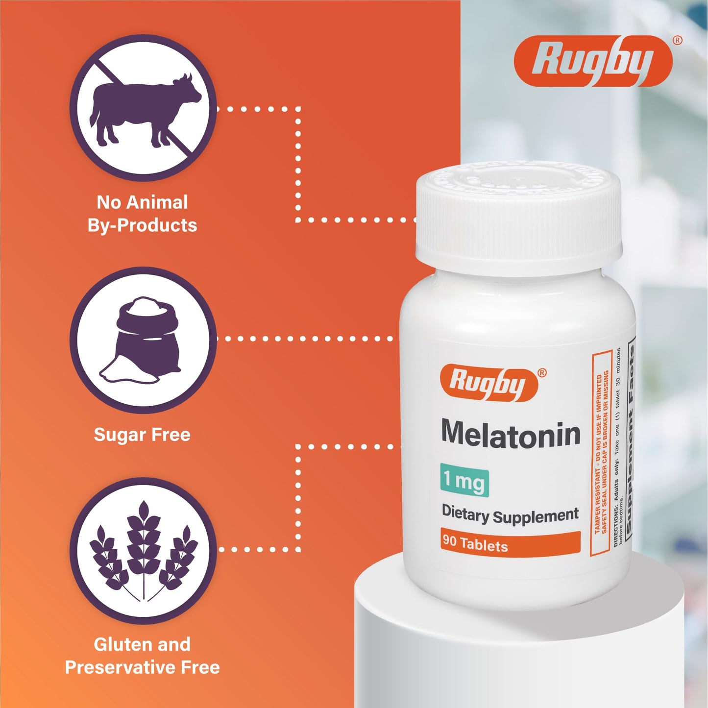 Rugby Melatonin 1mg Tablets - Dietary Supplement - 90 Count