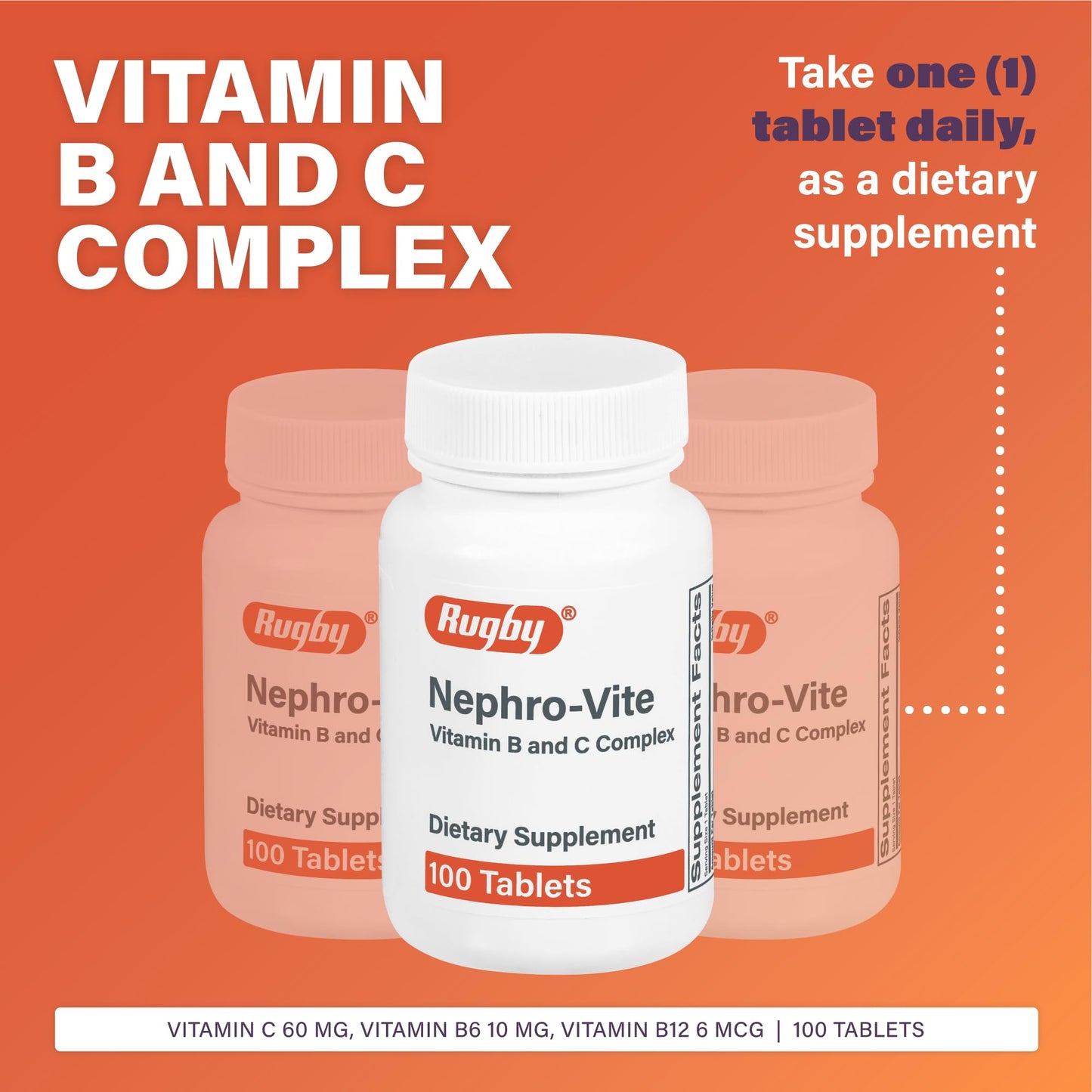 Rugby Nephro-Vite Vitamin B & C Complex Tablets - Dietary Supplement - 100 Count (2 Pack)