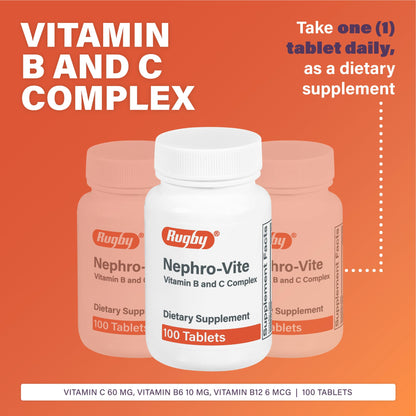 Rugby Nephro-Vite Vitamin B & C Complex Tablets - Dietary Supplement - 100 Count (2 Pack)