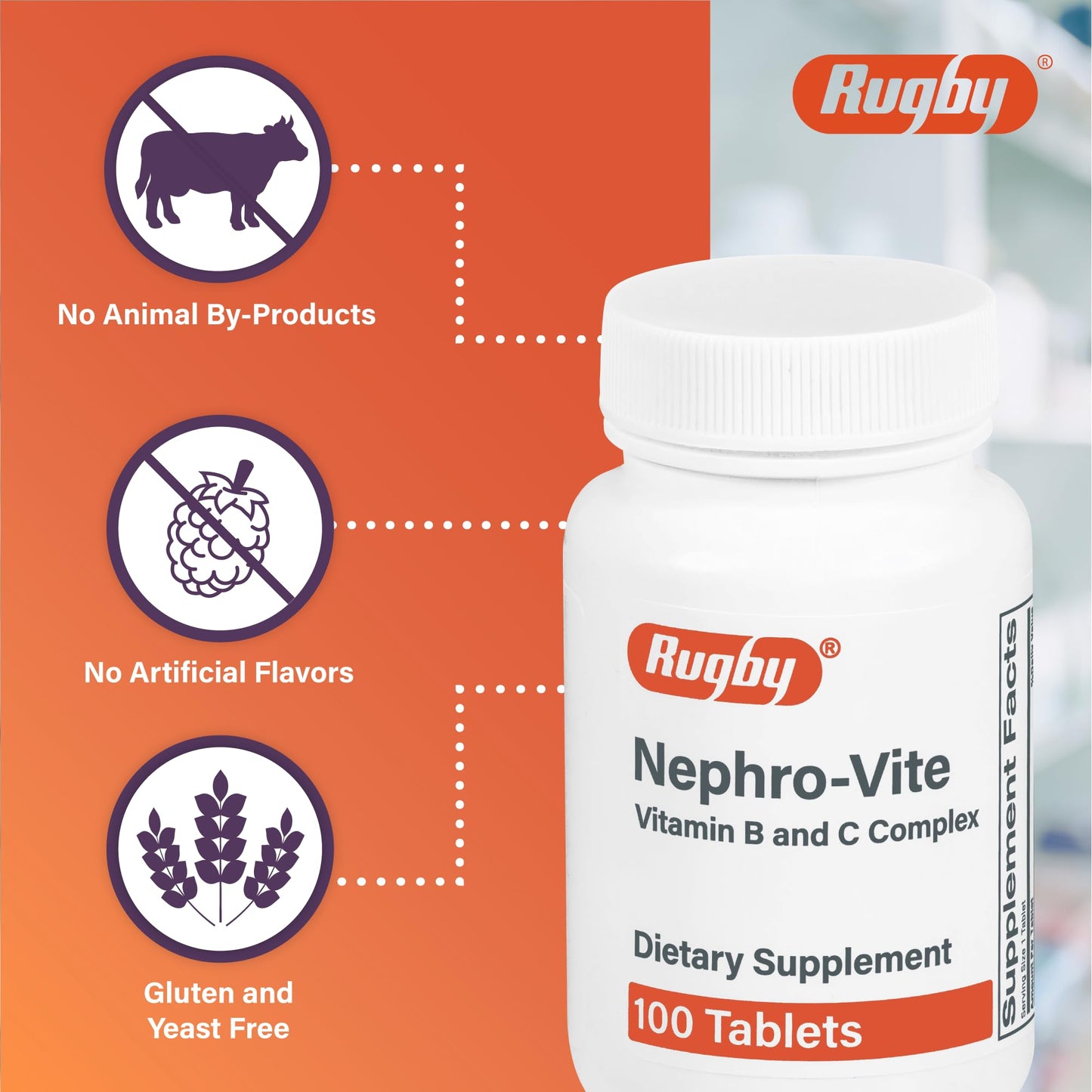 Rugby Nephro-Vite Vitamin B and C Complex Tablets – Dietary Supplement (100 Count) 3 Pack