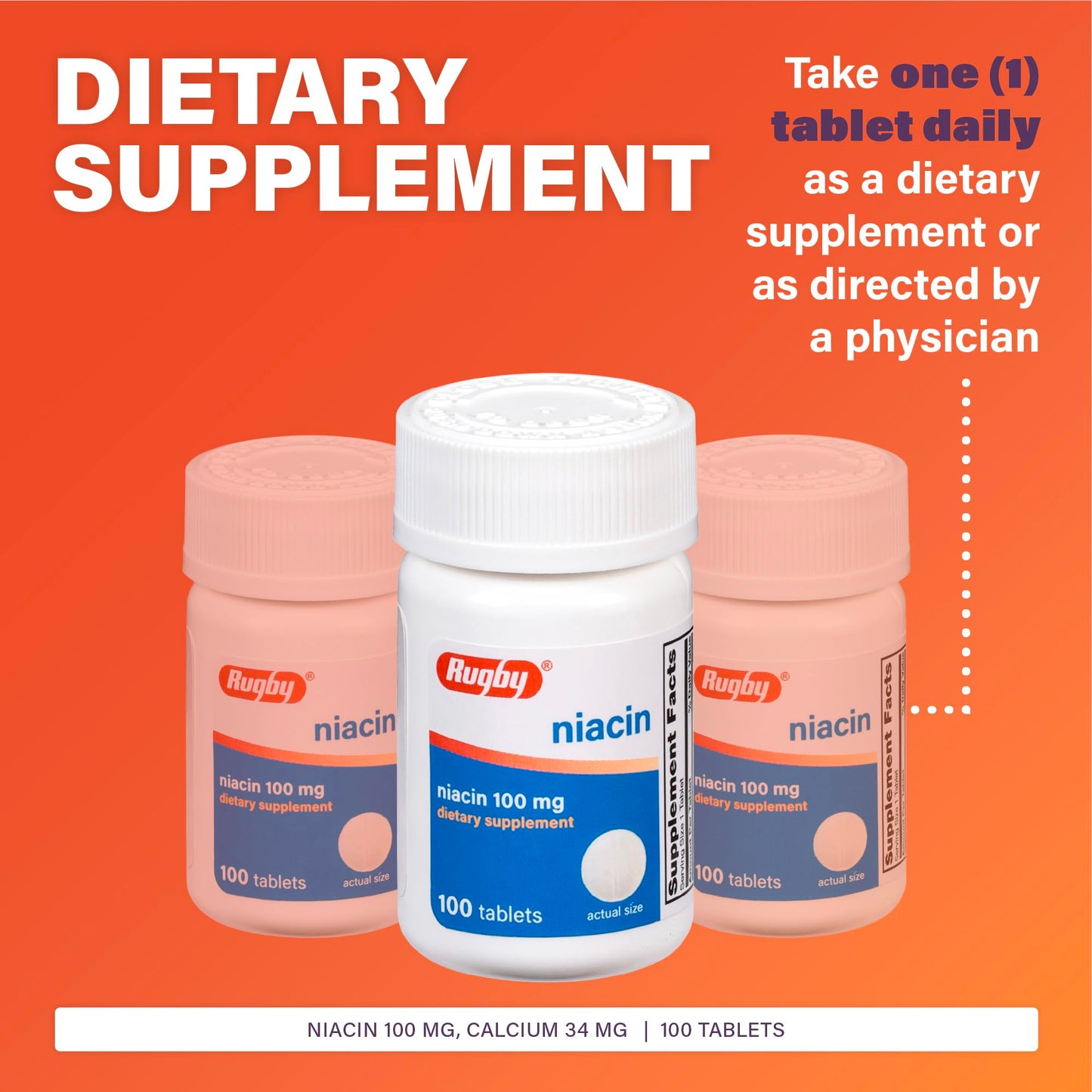 Rugby Niacin 100mg – Niacin Tablets with Calcium (Dietary Supplement, 100 Count)