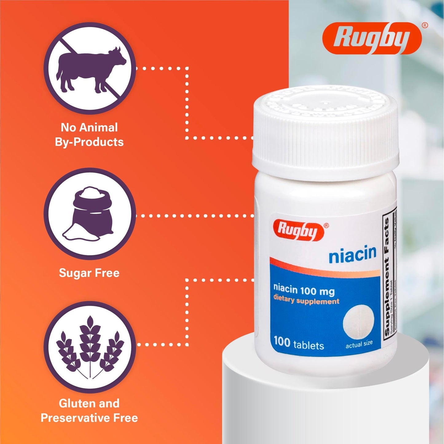 Rugby Niacin 100mg – Niacin Tablets with Calcium (Dietary Supplement, 100 Count)