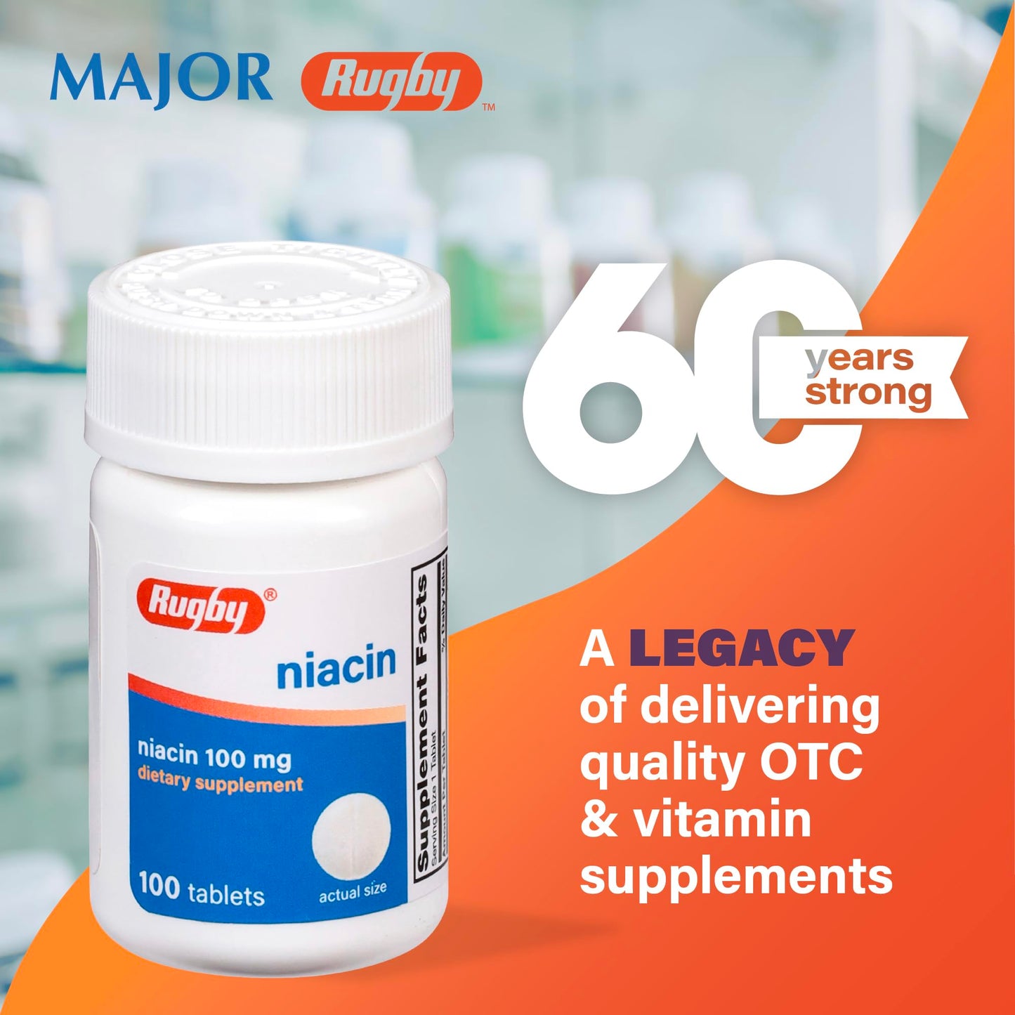 Rugby Niacin 100mg – Niacin Tablets with Calcium (Dietary Supplement, 100 Count)