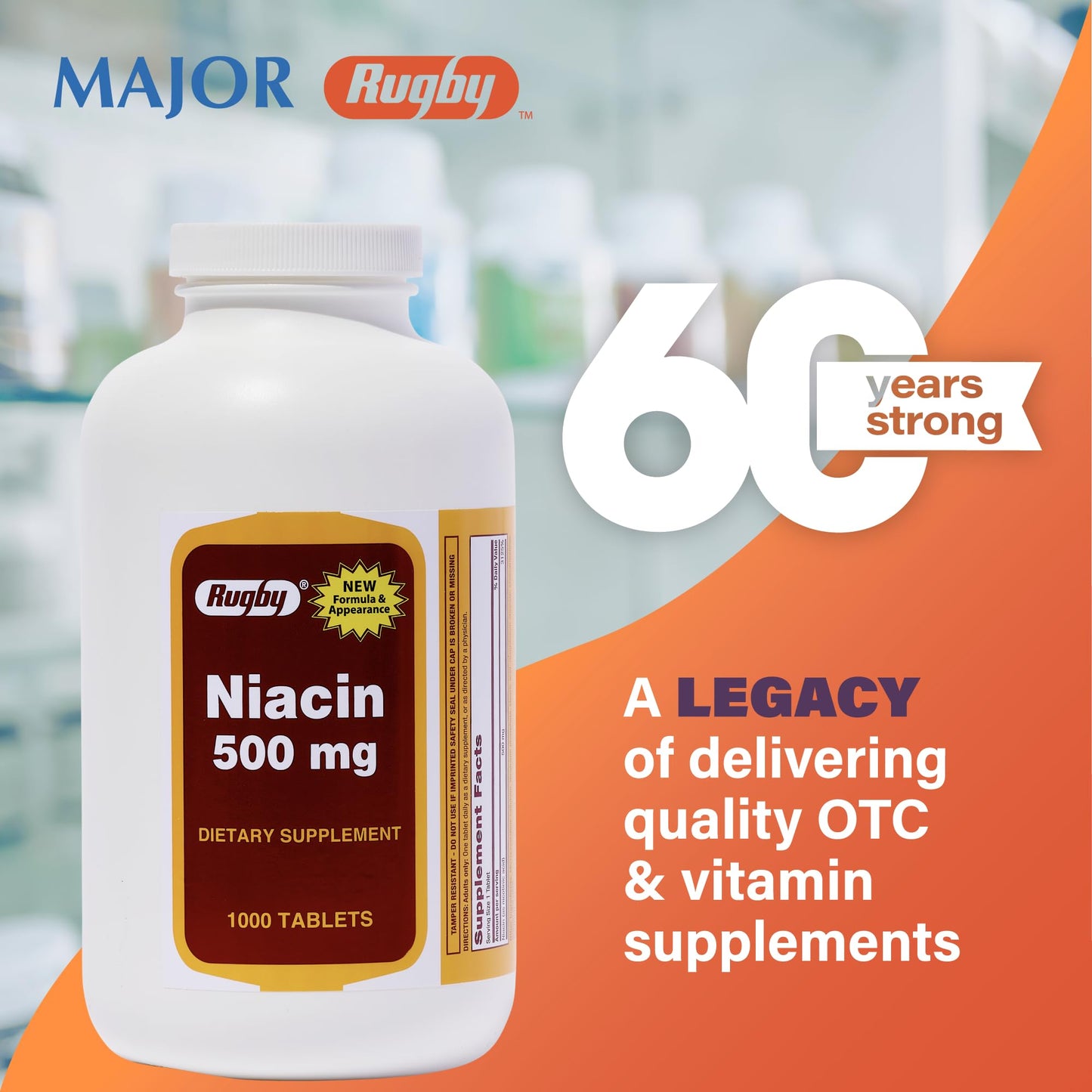 Rugby Niacin 500mg - Vitamin B3 Supplement for Men & Women - 1,000 Tablets (1-Pack) | Rugby Labs