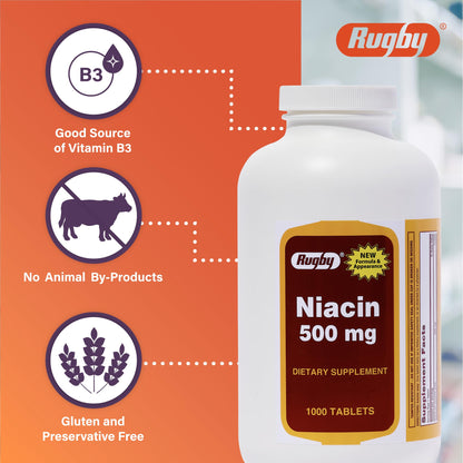 Rugby Niacin 500mg - Vitamin B3 Supplement for Men & Women - 1,000 Tablets (1-Pack) | Rugby Labs