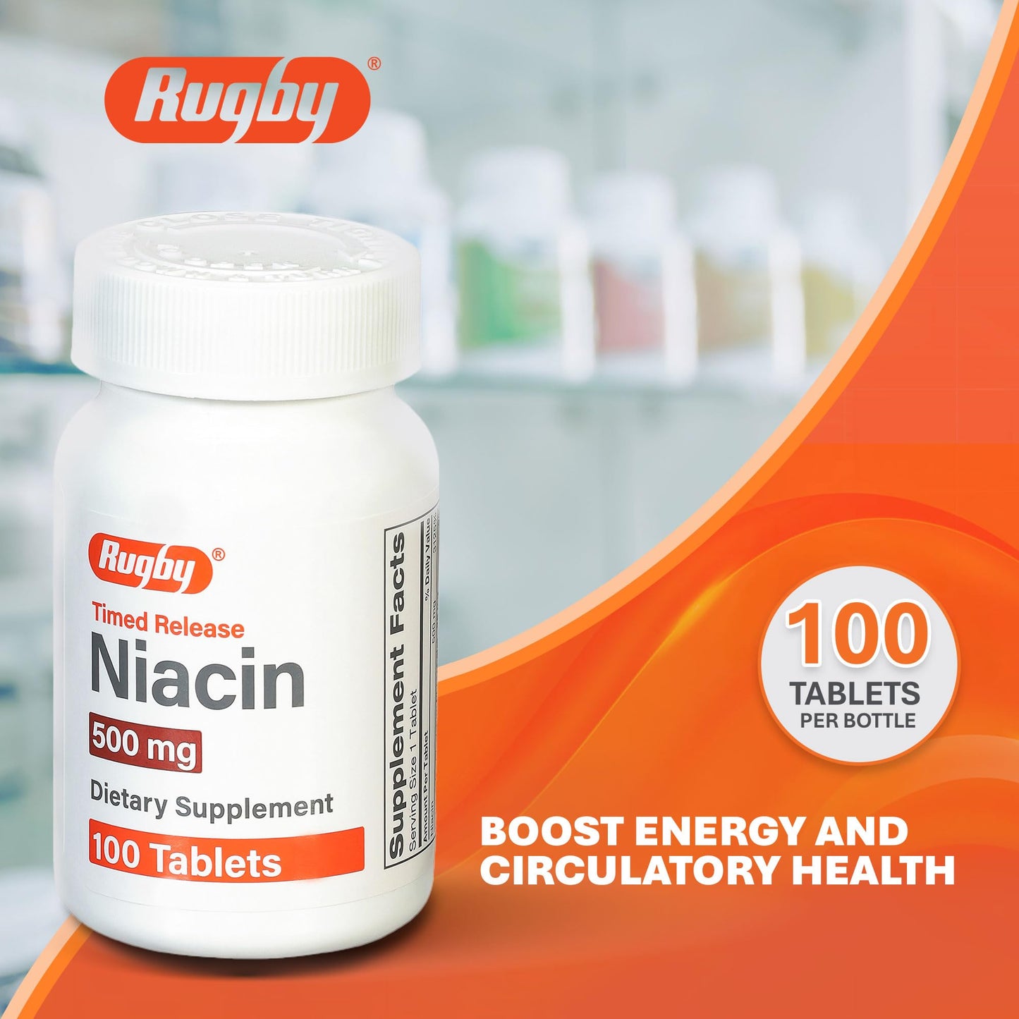 Rugby Timed-Release Niacin 500mg with Calcium – 100 Tablets | Energy, Metabolism & Circulation