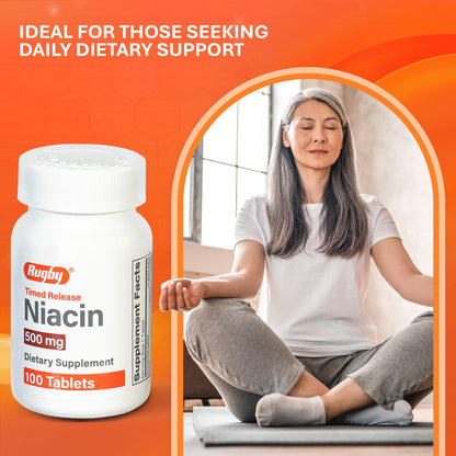 Rugby Timed-Release Niacin 500mg with Calcium – 100 Tablets | Energy, Metabolism & Circulation